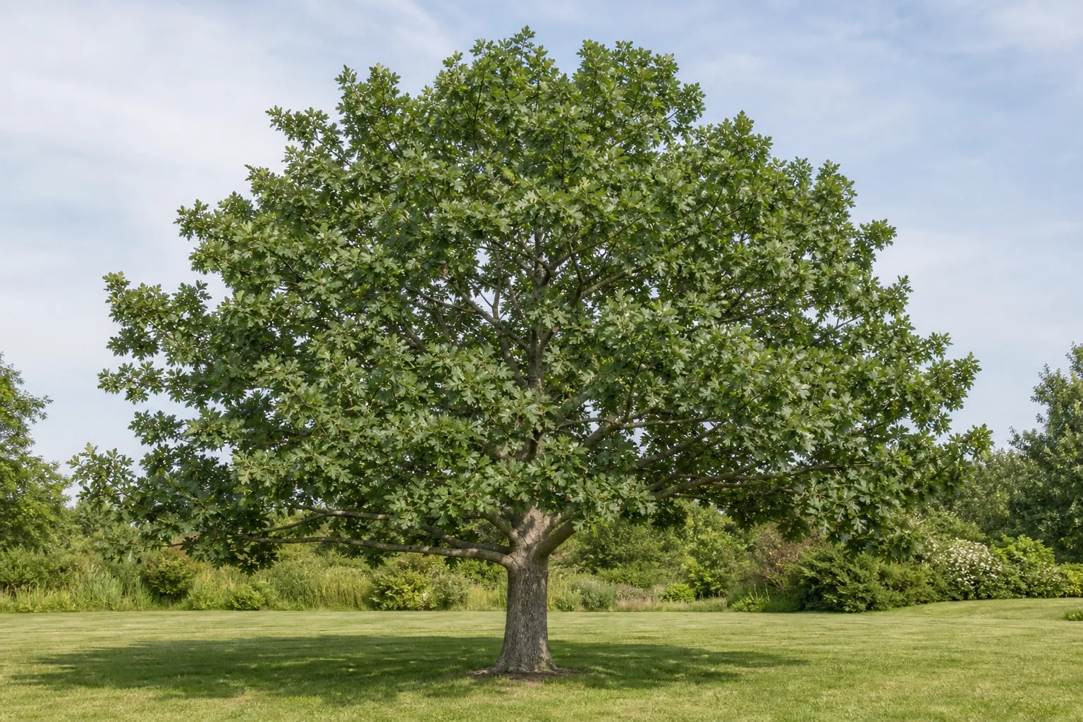 Mature White Oak growing in a spacious sunny landscape garden