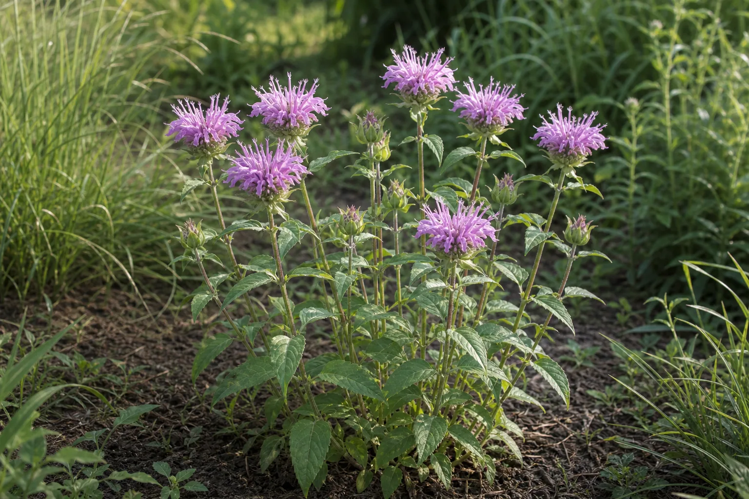 Lavender-pink Wild Bergamot flower heads growing in a sunny natural garden bed