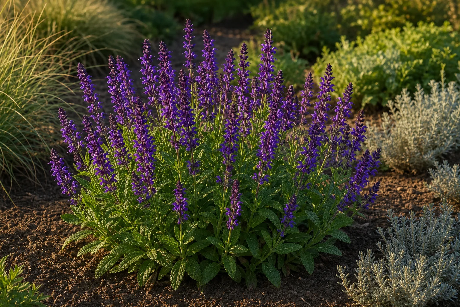 Violet Woodland Sage flower spikes growing in a sunny perennial garden bed