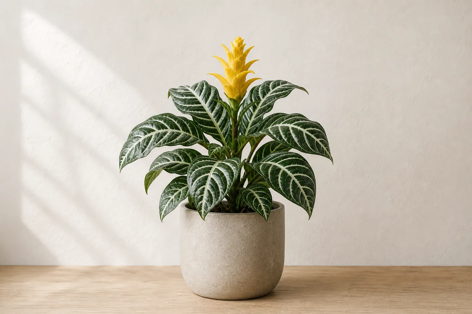 Zebra Plant in a warm stone ceramic pot against an off-white wall