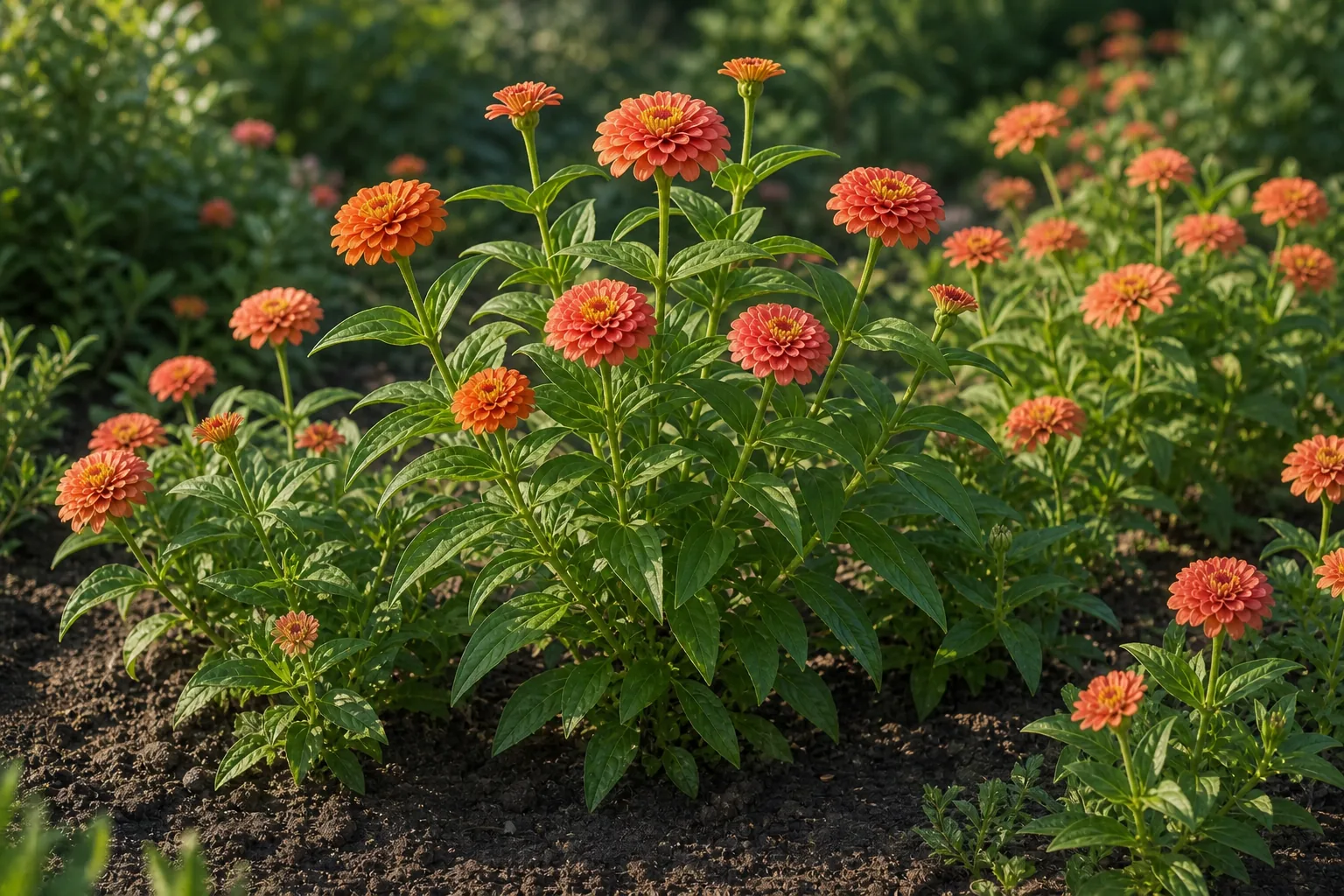 Warm coral Zinnia mass planting in a sunny natural garden bed