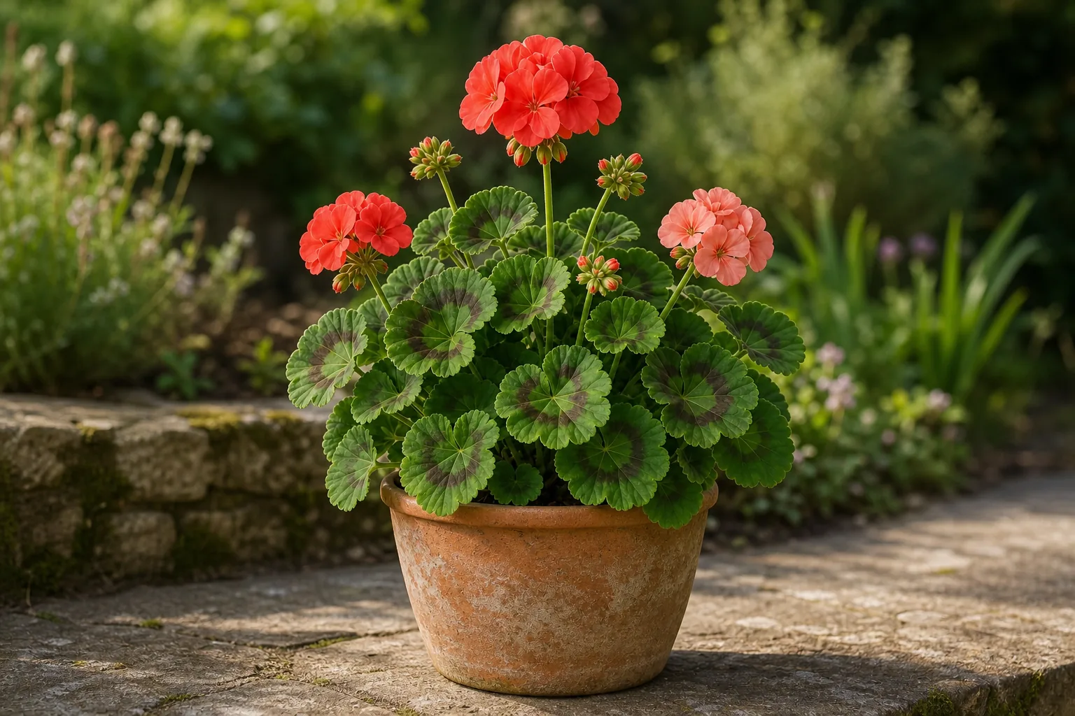 Zonal Geranium flowering in an outdoor terracotta patio container