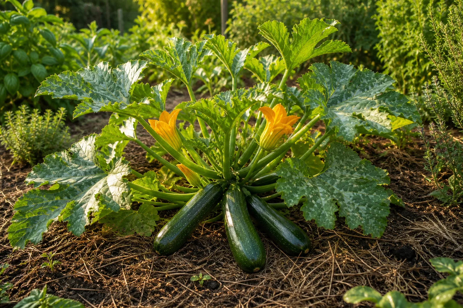 Zucchini plants bearing green fruit in a sunny kitchen garden bed